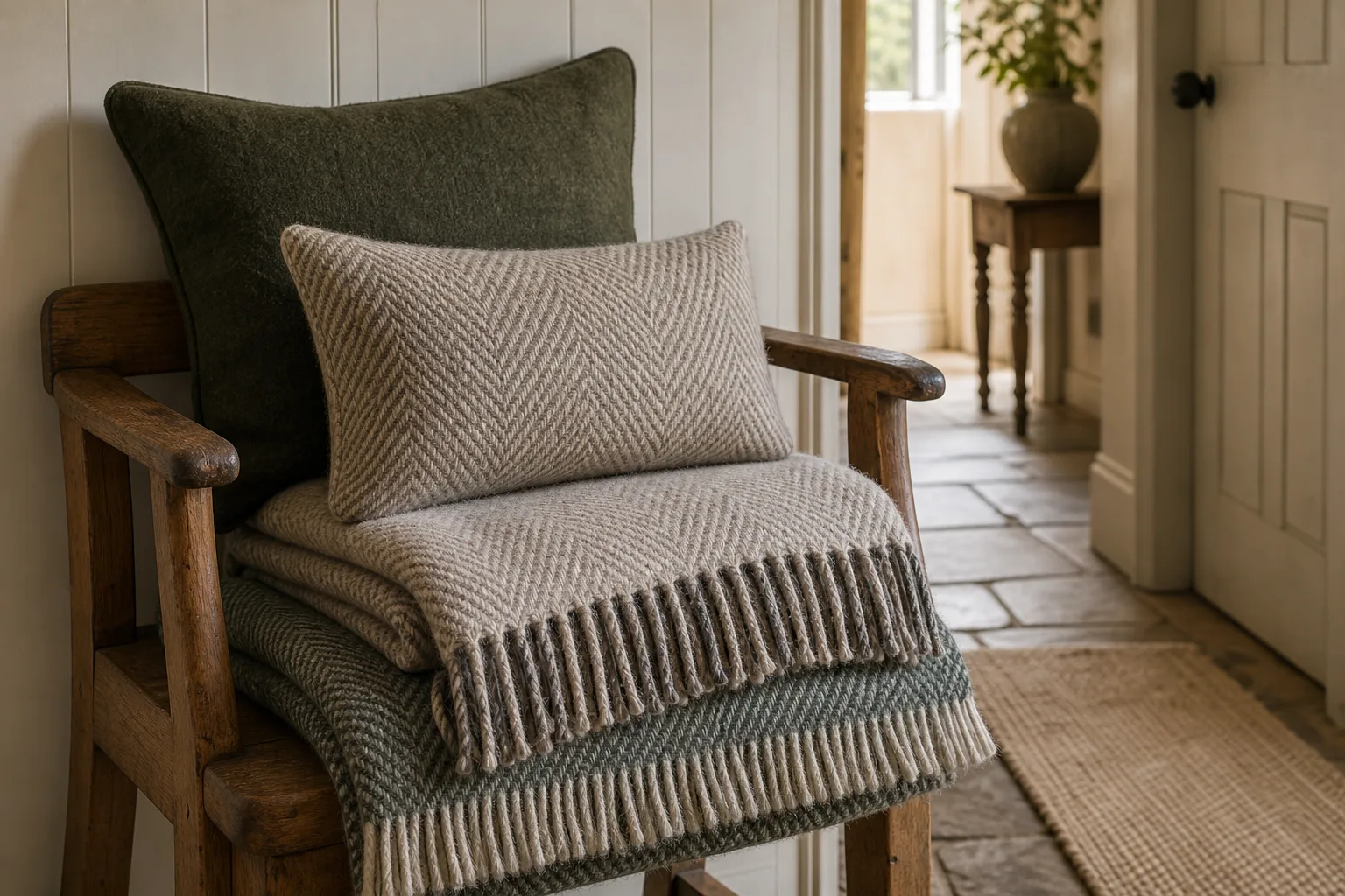 Folded wool blankets and matching cushions in a cottage hallway