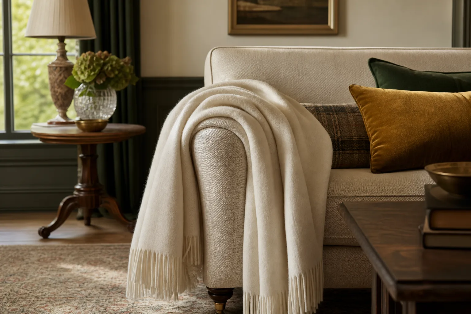 Soft merino-style wool blanket draped over a cream sofa