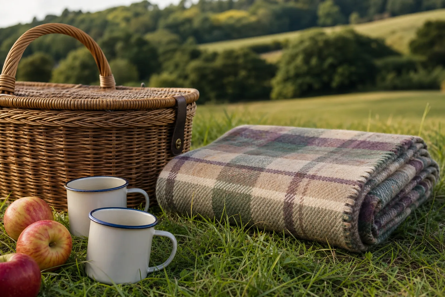 Wool picnic blanket beside a wicker basket on British countryside grass