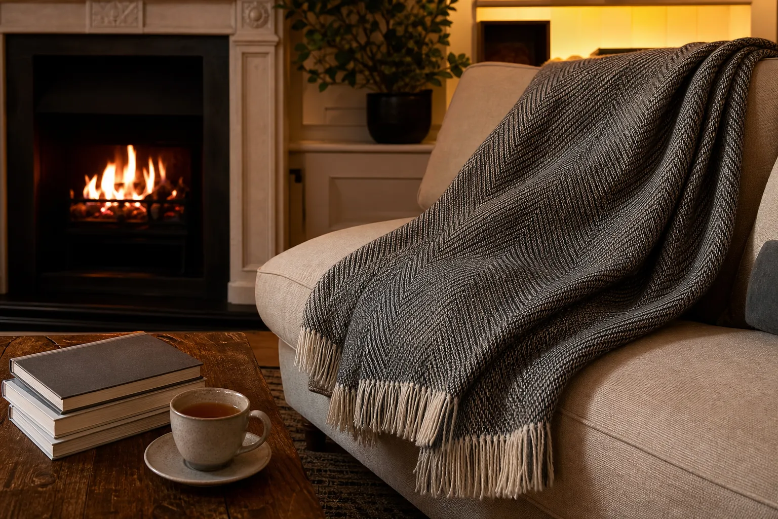 Charcoal and cream wool sofa blanket beside books and a fireplace