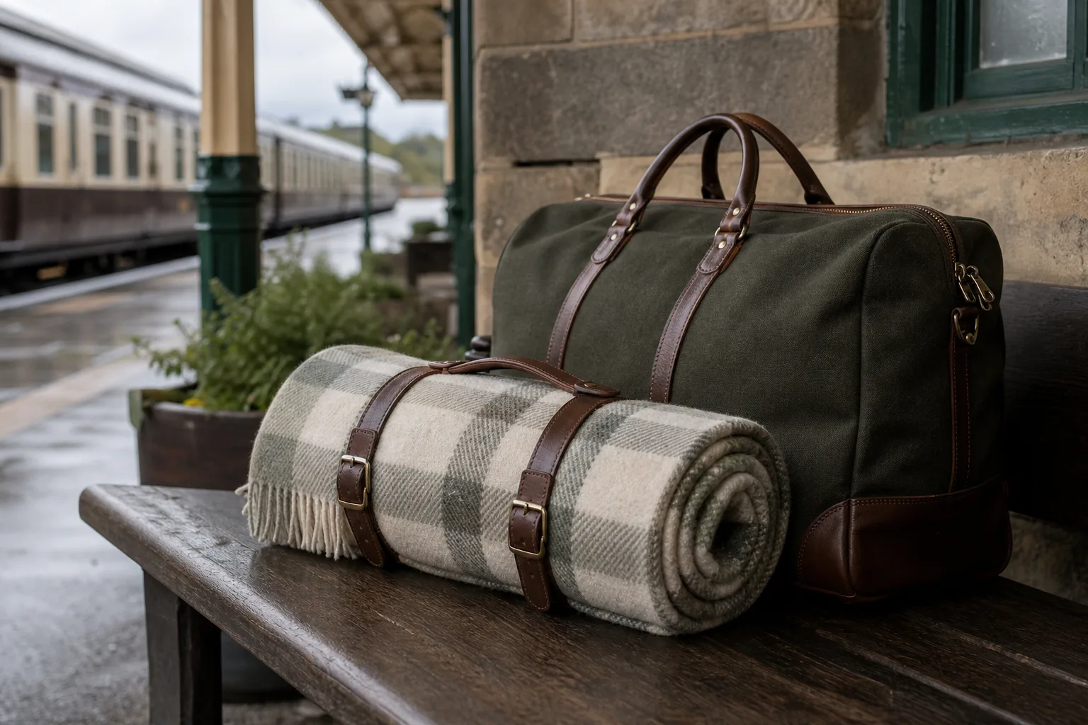 Rolled wool travel blanket beside a weekend bag on a station bench
