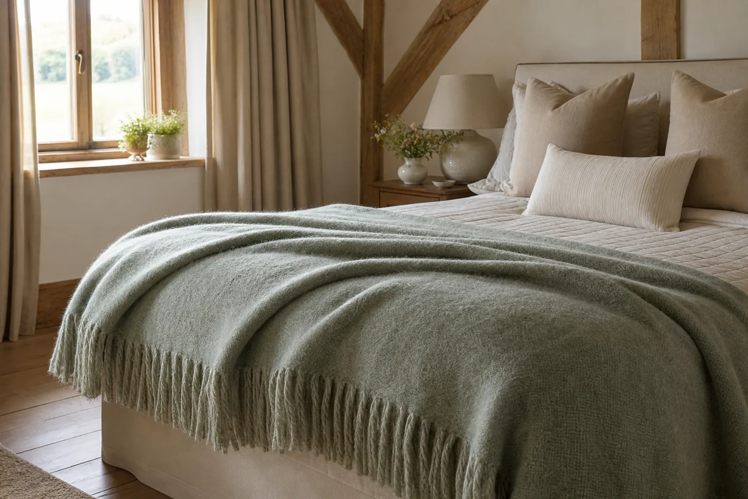Luxury wool throw folded across a countryside cottage bed